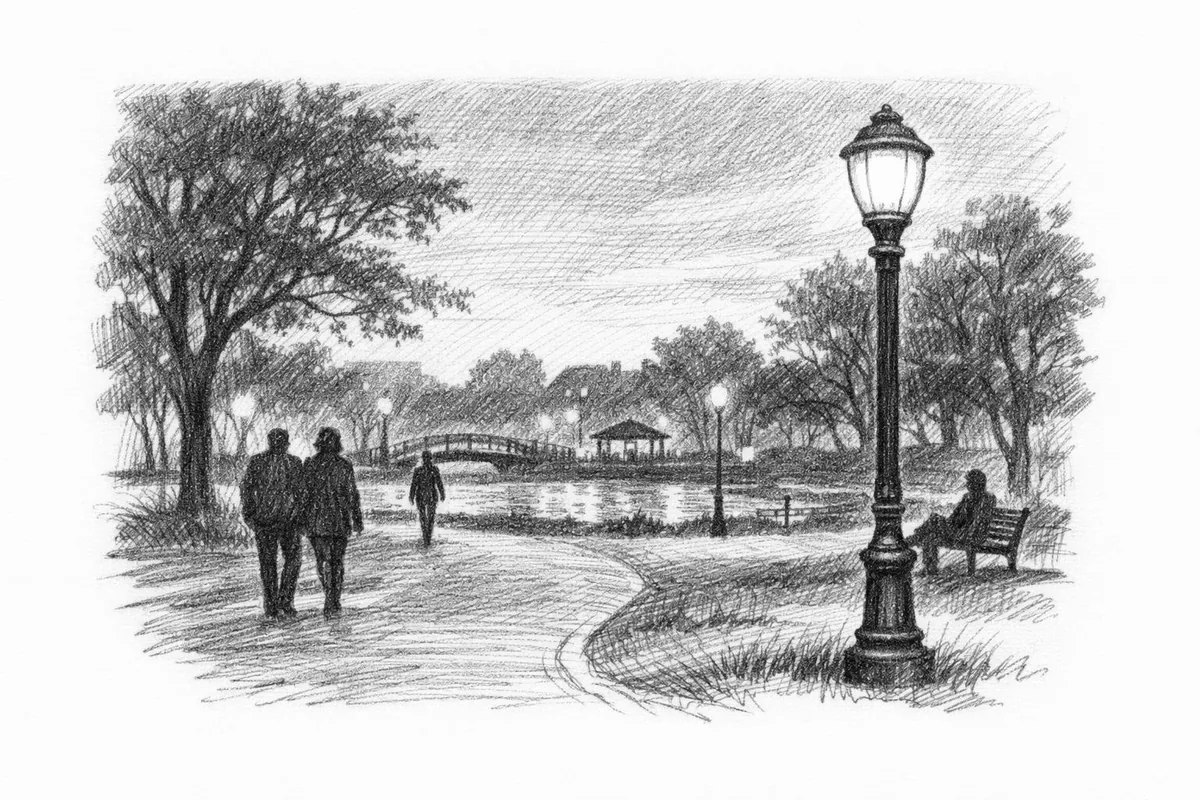 Illustrasjon av en offentlig park med folk på kveldstid