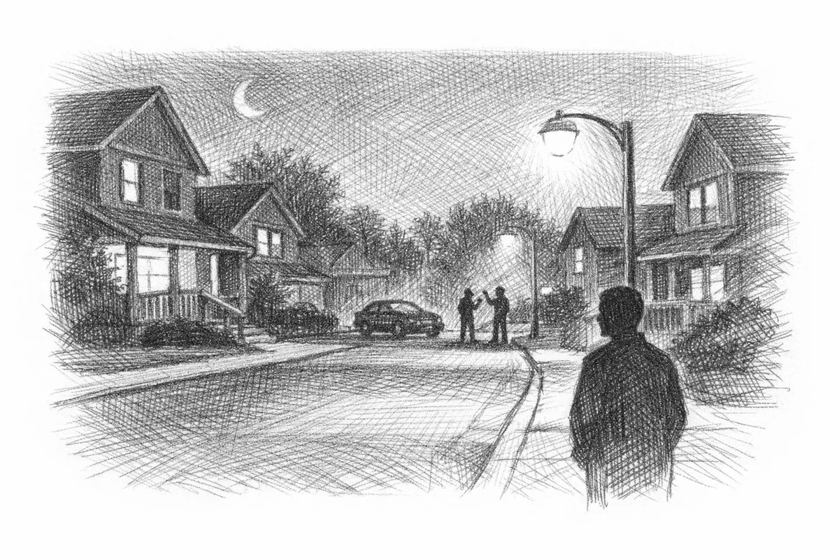 Illustrasjon av boligområde om natten med gatebelysning