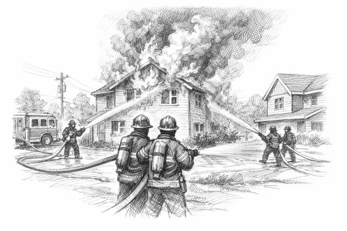 Tegning av brannmenn som slukker en boligbrann i boligområde