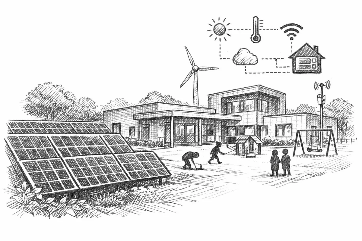 Tegning av solcellepaneler og smarte systemer i barnehage