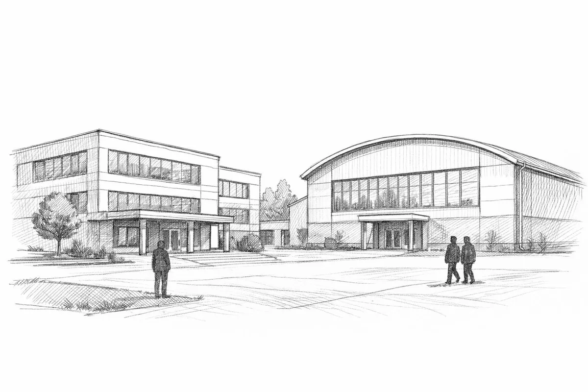 Tegning av skole og idrettsanlegg med energieffektiv arkitektur
