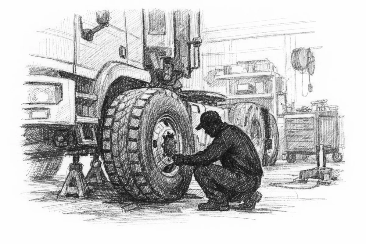 Service av tungbil i verksted, pennetegning