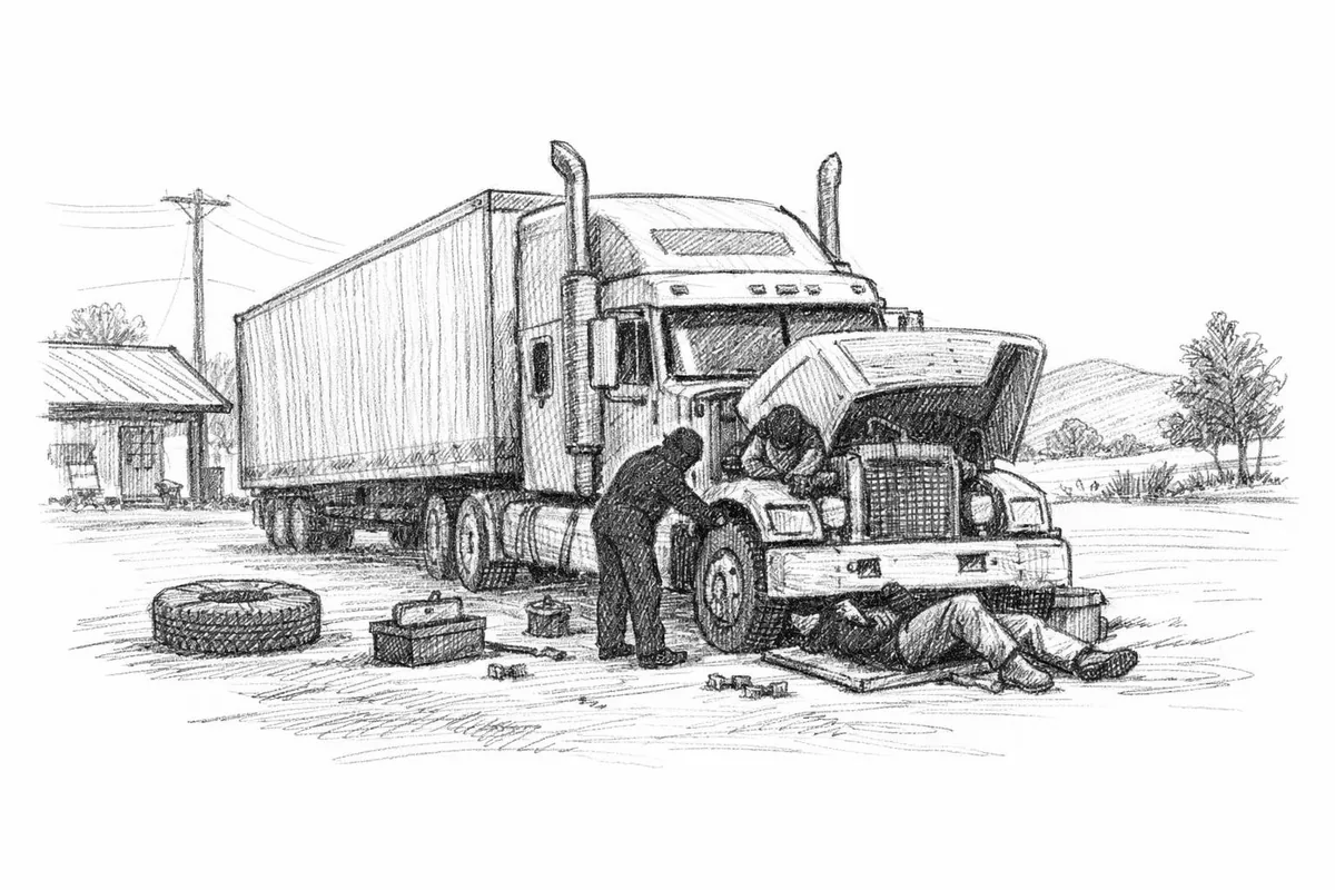 Veihjelp for tungbil langs landevei, pennetegning