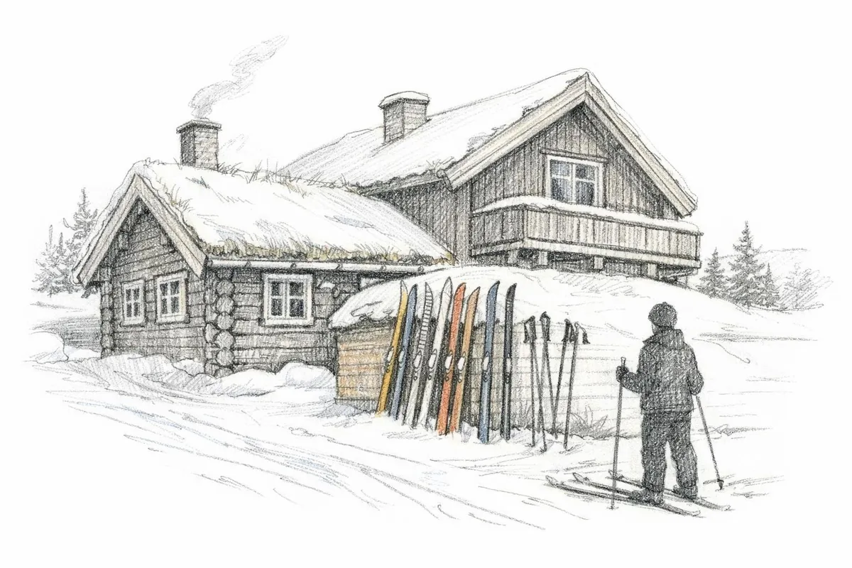 Tegning av klubbhus til en skiklubb om vinteren