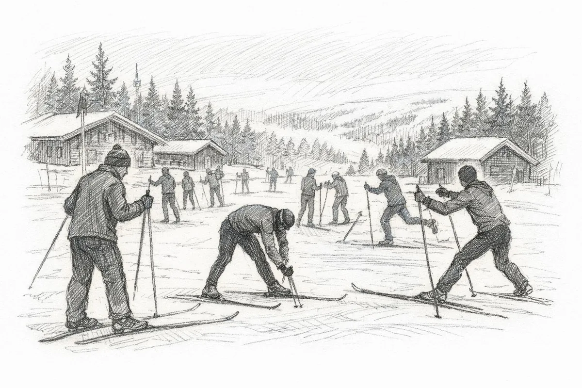 Tegning av skiløpere som varmer opp før løp