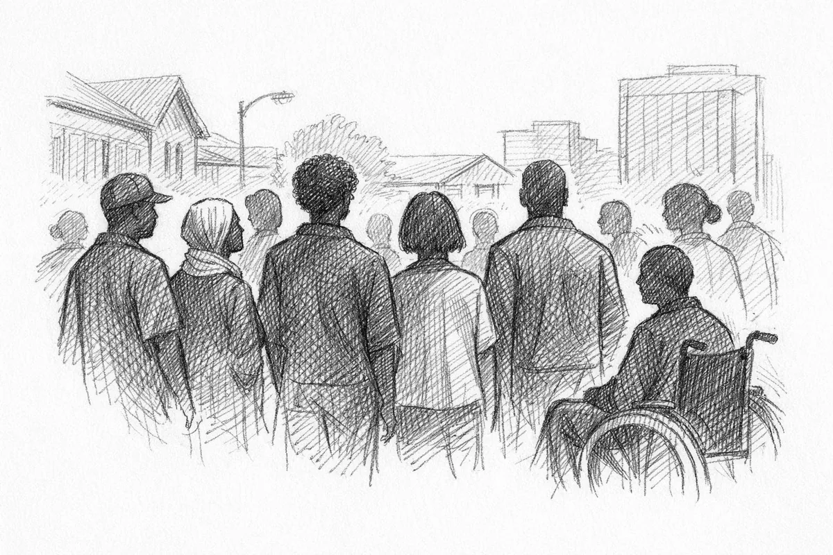 Tegning av anonyme menneskesilhuetter som symboliserer mangfold og fellesskap