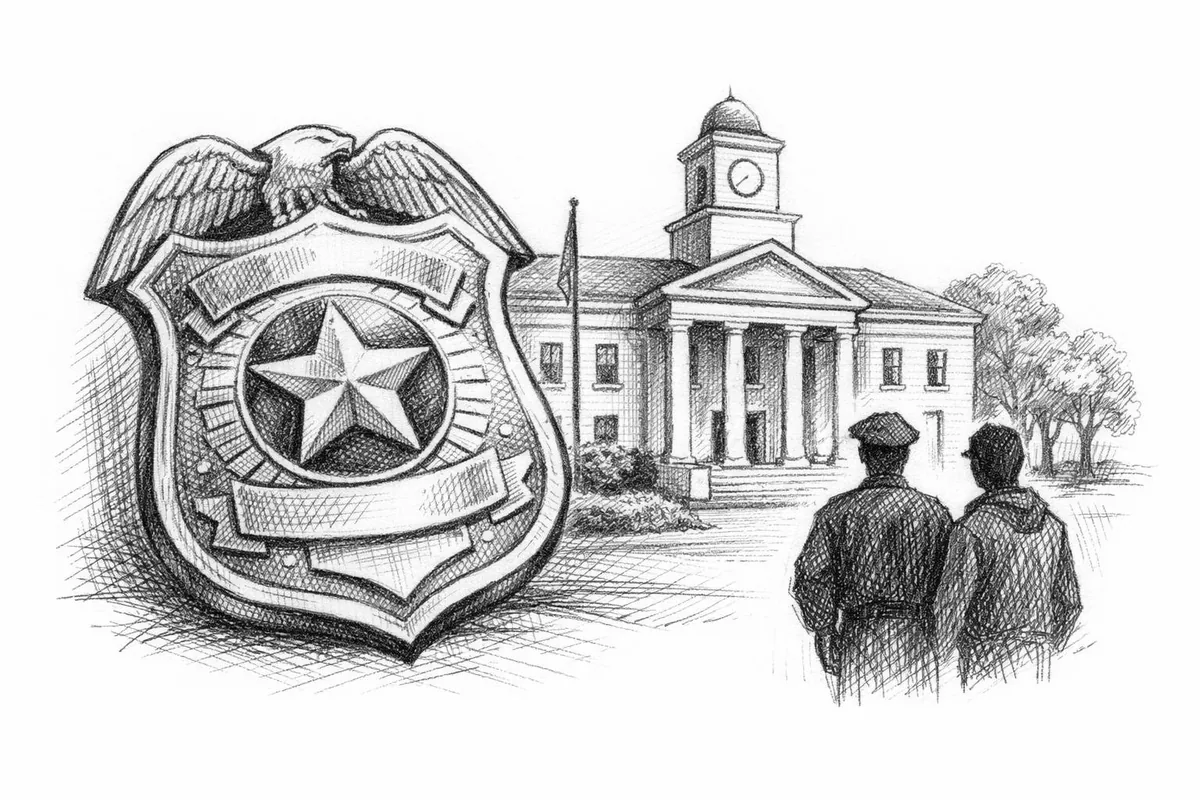 Tegning av politibadge og kommunal bygning som symbol på samarbeid