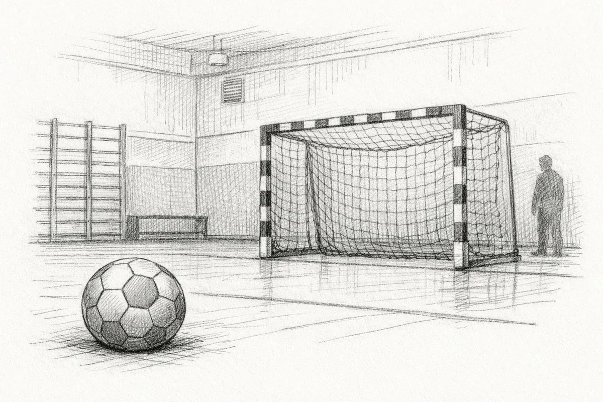 Tegning av håndball og mål med nett i en gymsal