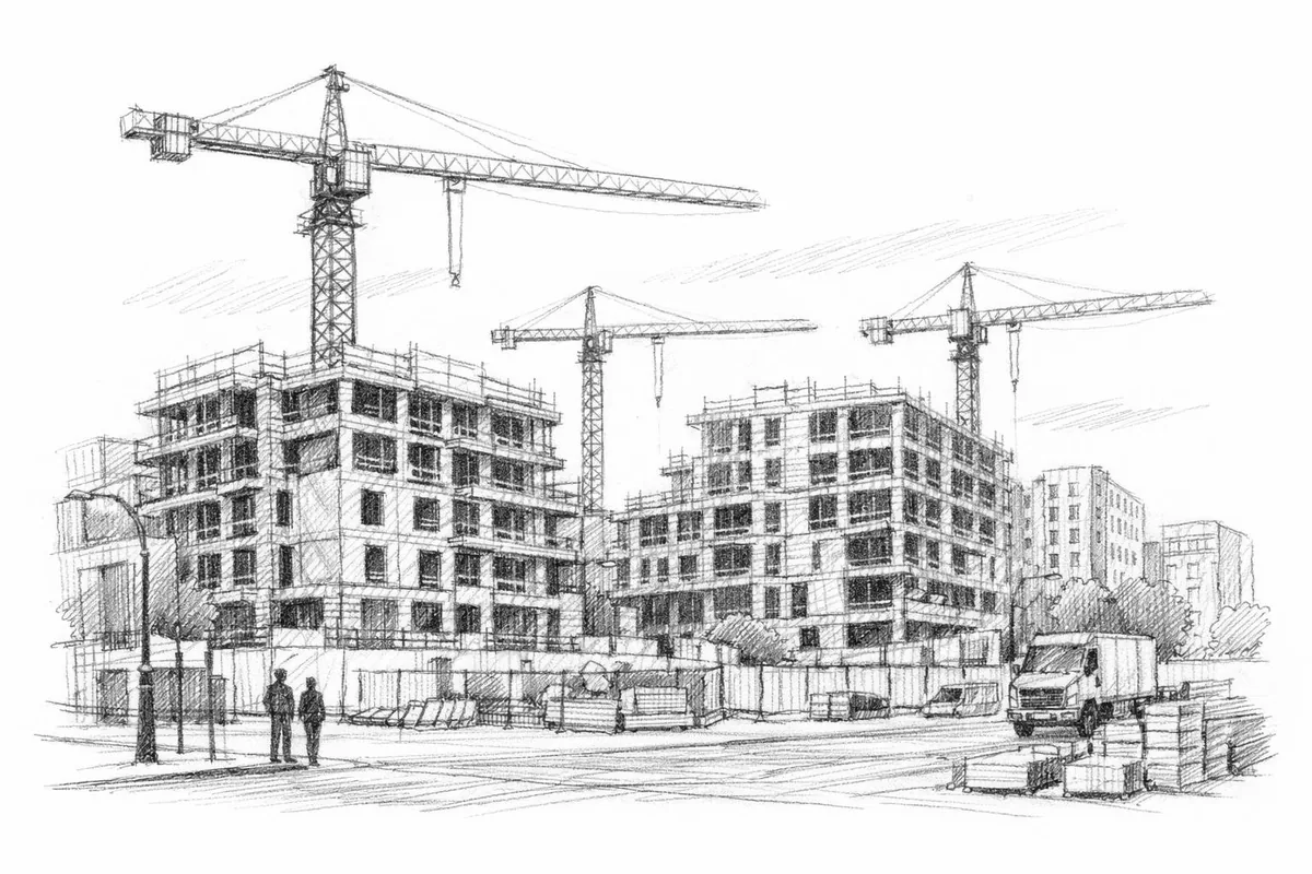 Illustrasjon av byggeplass med nye bygninger og kraner