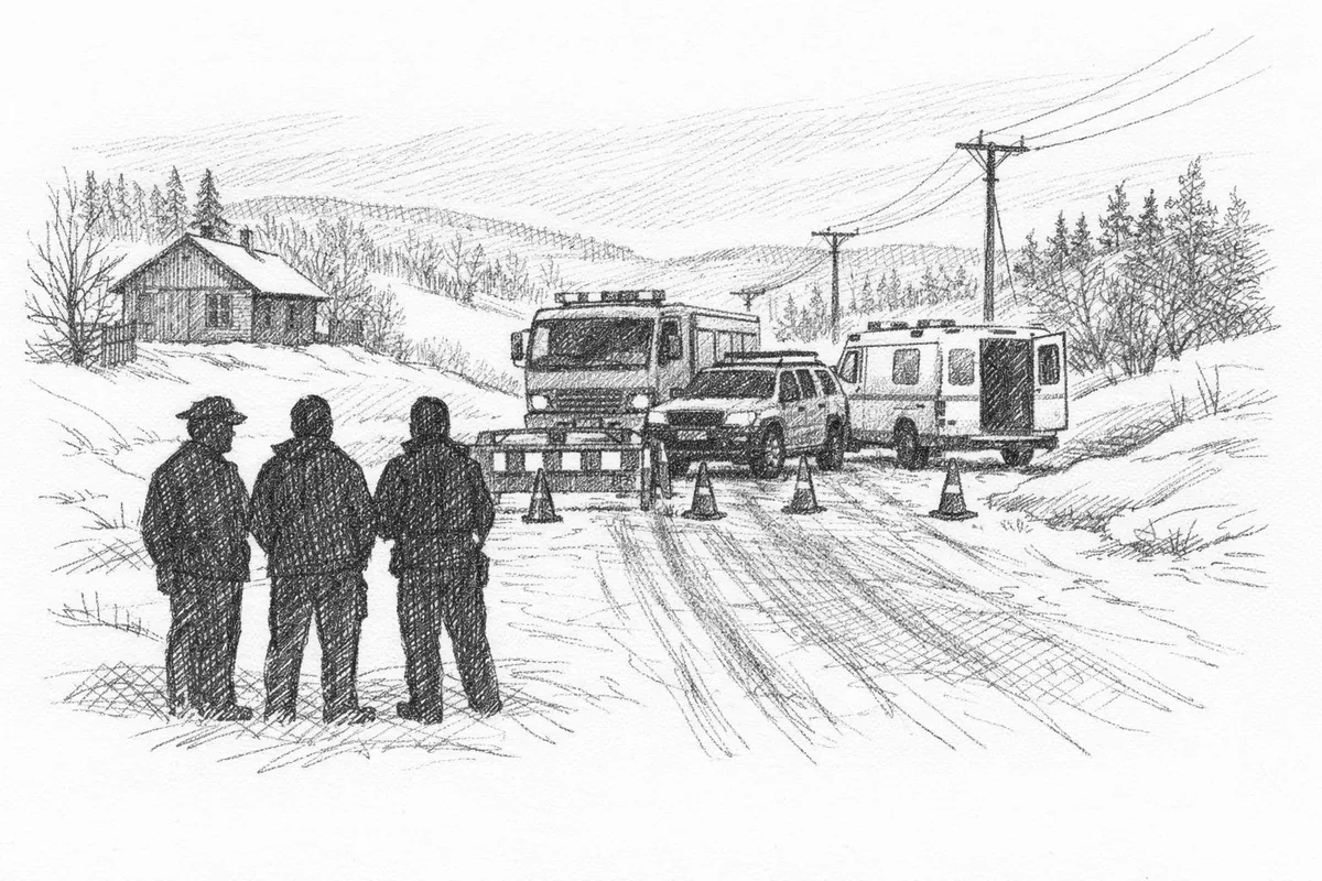 Pennesstreken viser stengt vei med nødetater og snø ved ulykkesstedet på fylkesv