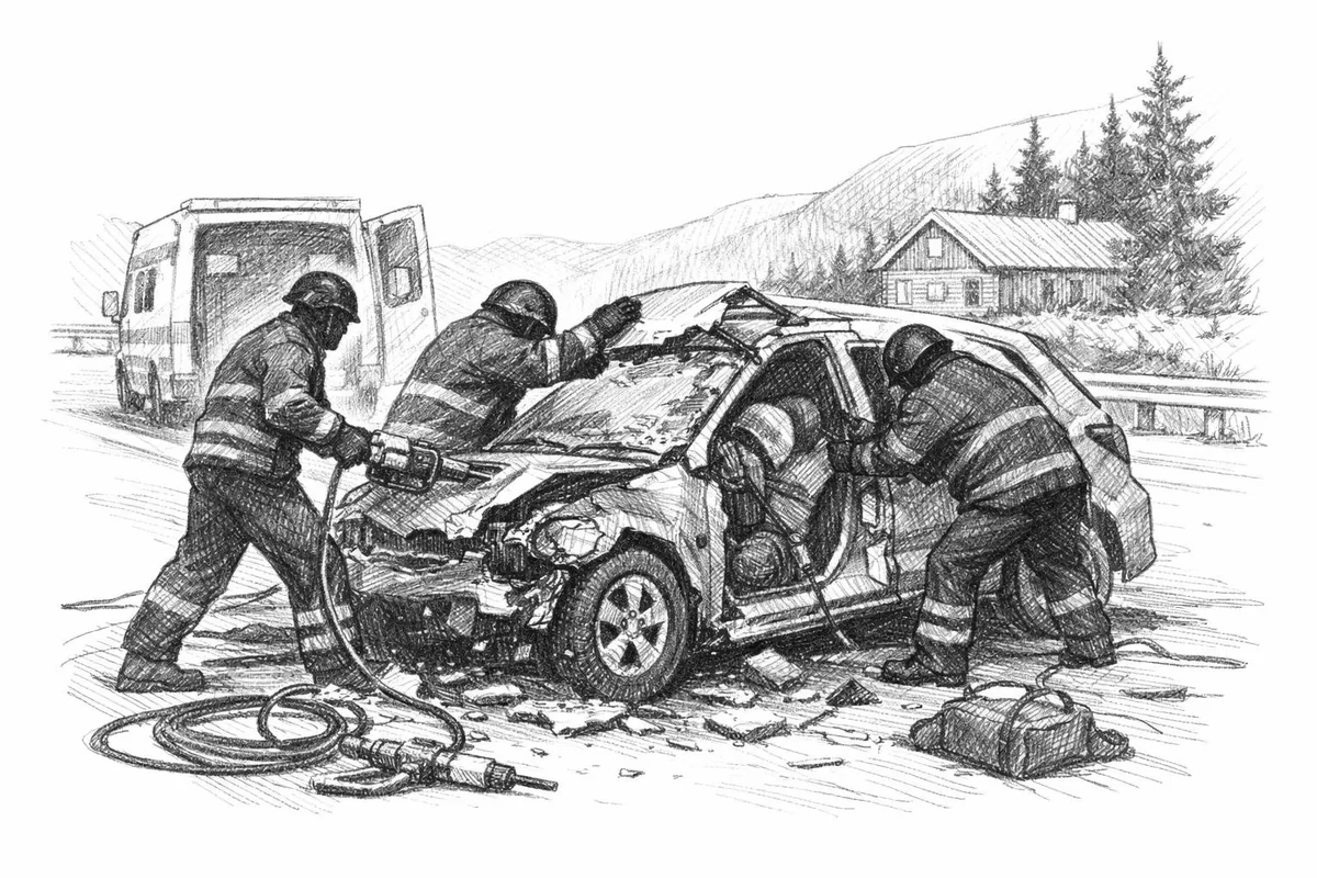 Pennesstreken av redningsmannskaper som frigjør en bilfører etter kollisjon.