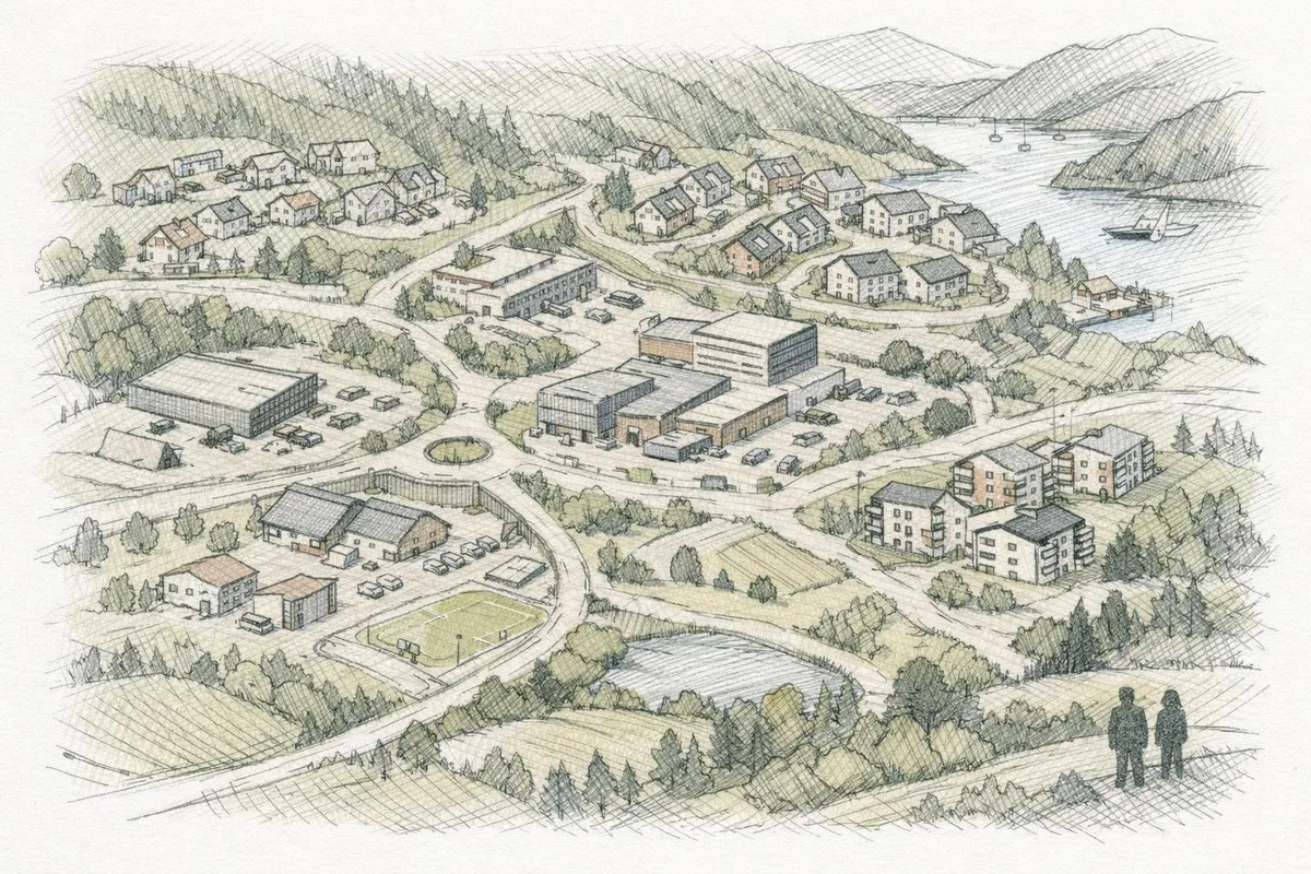 Penne tegning av kart over planlagte bolig- og næringsområder i en norsk kommune