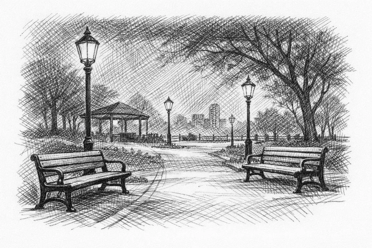 Tom offentlig park om natten med lamper og benker