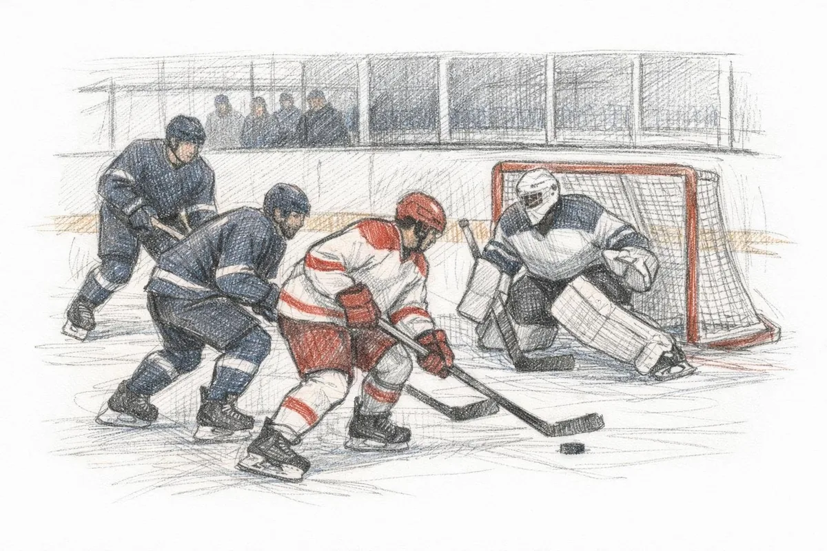 Tegning av ishockeyspillere i aksjon under eliteserien