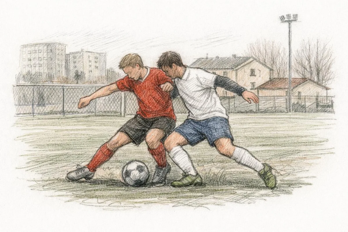 Tegning av to fotballspillere som konkurrerer om ballen på kunstgress