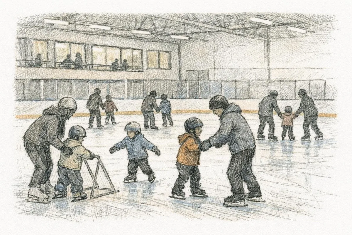 Tegning av barn og voksne som lærer å gå på skøyter på innendørs isbane