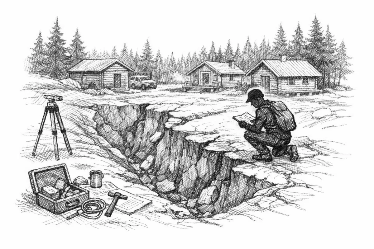 Illustrasjon av geolog som undersøker ustabil grunn nær hytteområde