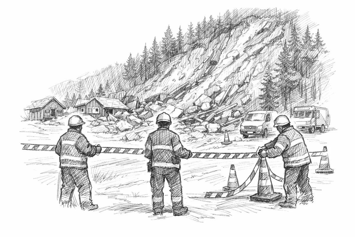 Illustrasjon av nødetater som avsperrer område etter jordskred