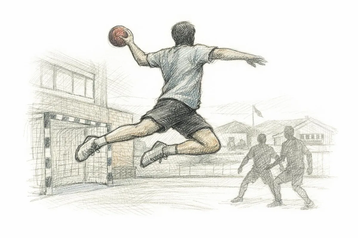Håndballspiller i luften klar til skudd