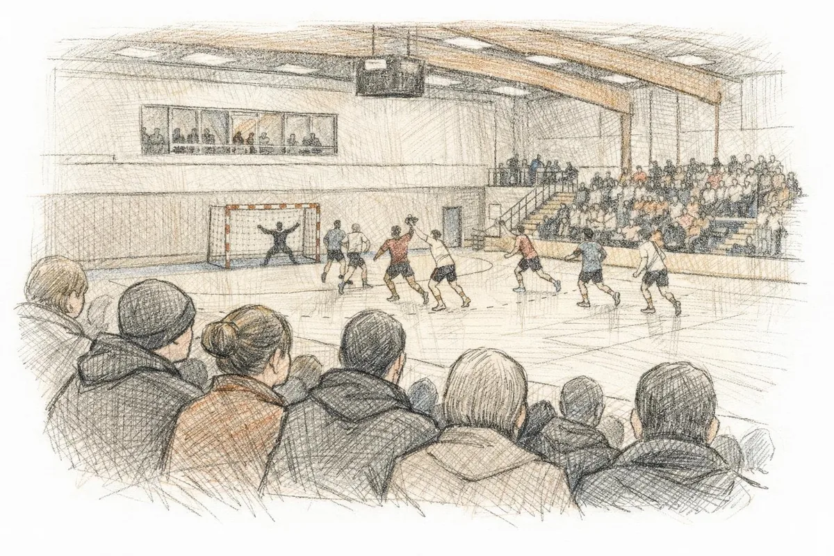 Publikum ser håndballkamp i lokal idrettshall