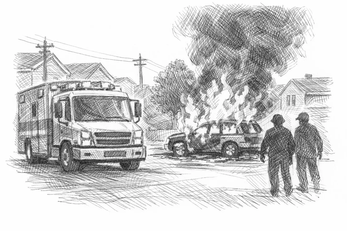 Blyanttegning av nødetater som ankommer brannstedet med bil i flammer