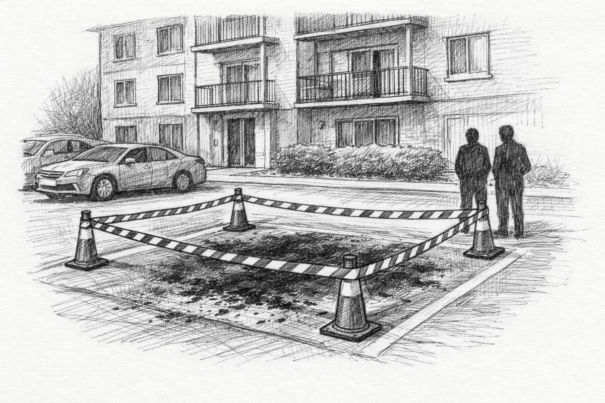 Tegning av boligblokk med sperret av parkeringsplass og brennmerker