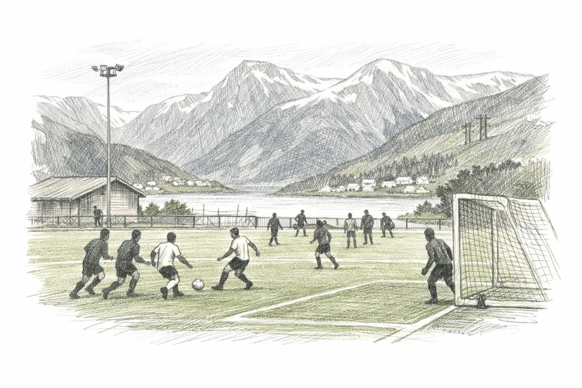 Tegning av fotballkamp på kunstgress med norsk landskap