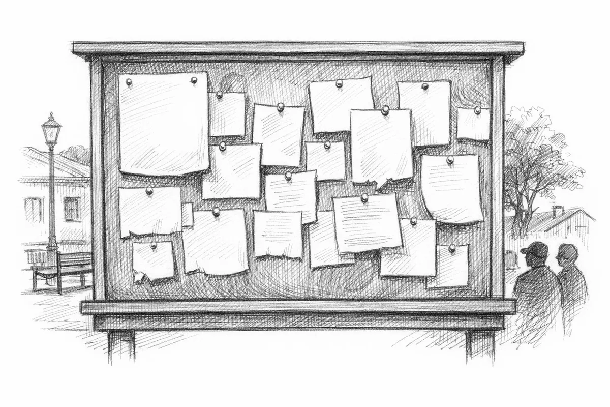 tegning av en offentlig oppslagstavle med meldinger