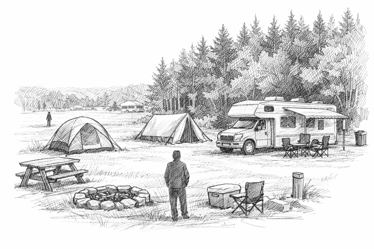 tegning av en campingplass med telt og bobil ved skogkanten
