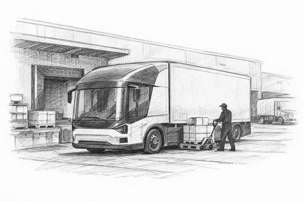 Tegning av en elektrisk lastebil ved en lastekaj