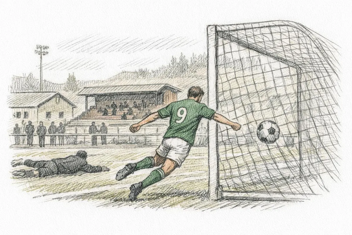 Tegning av fotballspiller som scorer mål ved et lokalt stadion