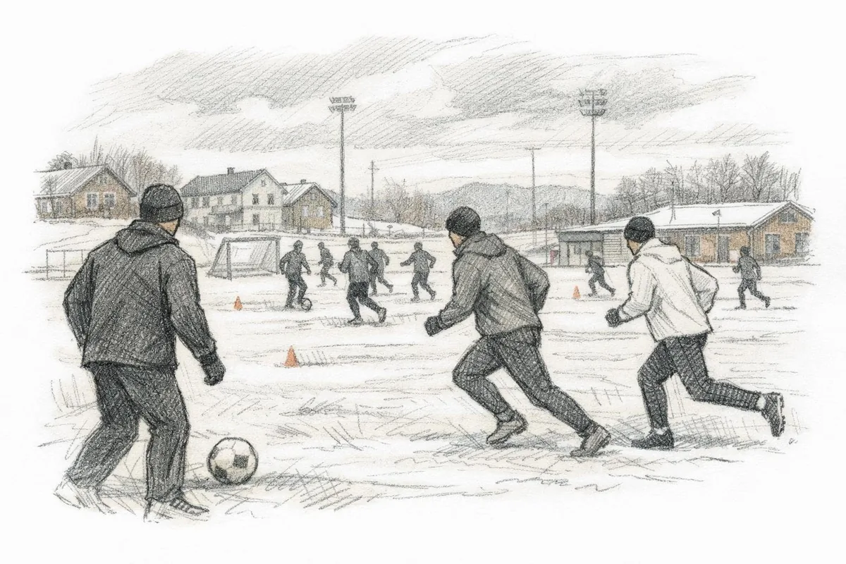 Tegning av fotballspillere som trener ute om vinteren