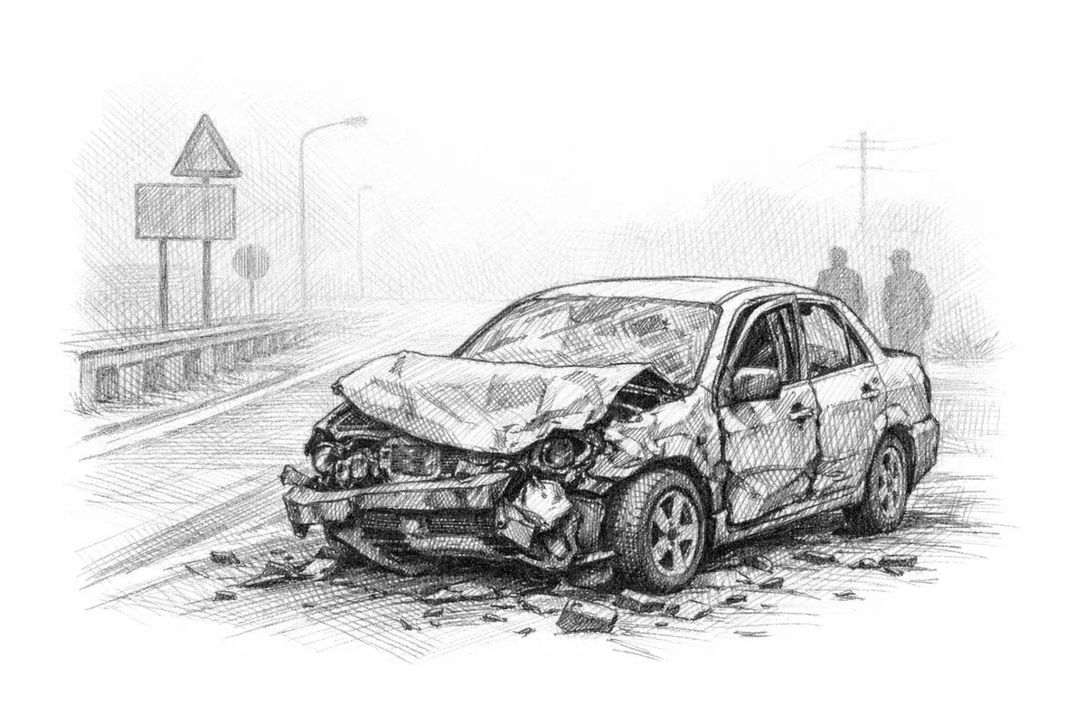 Penneskitsj av en bil med store skader etter kollisjon på vei i tåke