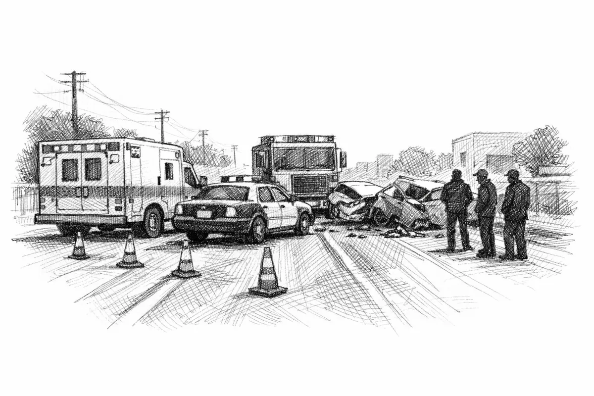 Penneskitsj som viser nødetater som sperrer vei etter trafikkulykke