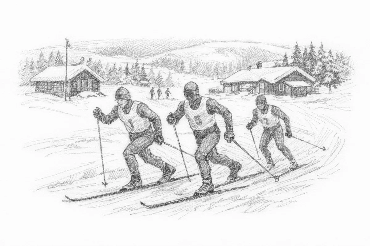 Tegning av unge langrennsløpere i aksjon under konkurranse